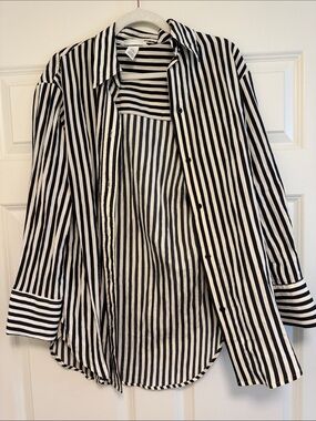 Gray and White Vertical Stripe Button-Up Shirt